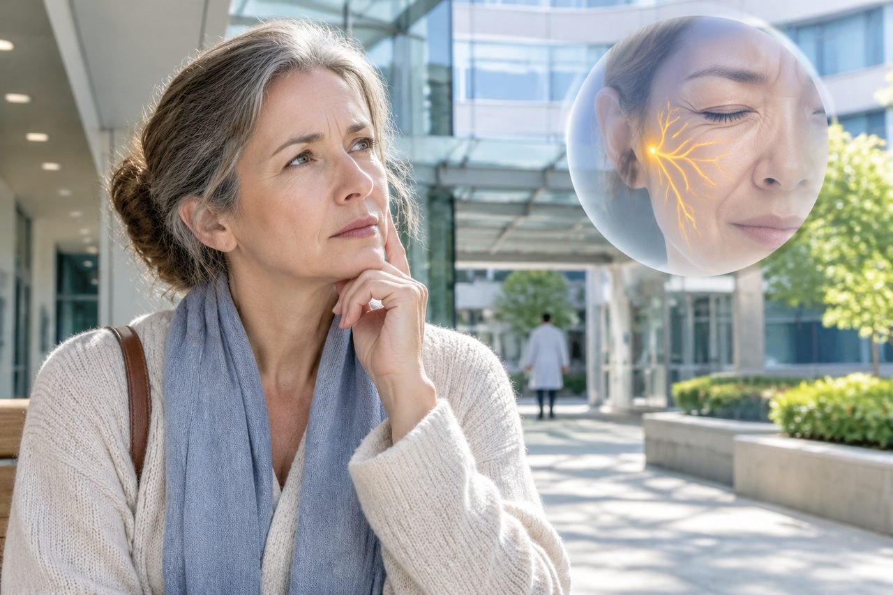 Illustrative image: A woman appears deep in thought while contemplating a medical issue in an outdoor setting.