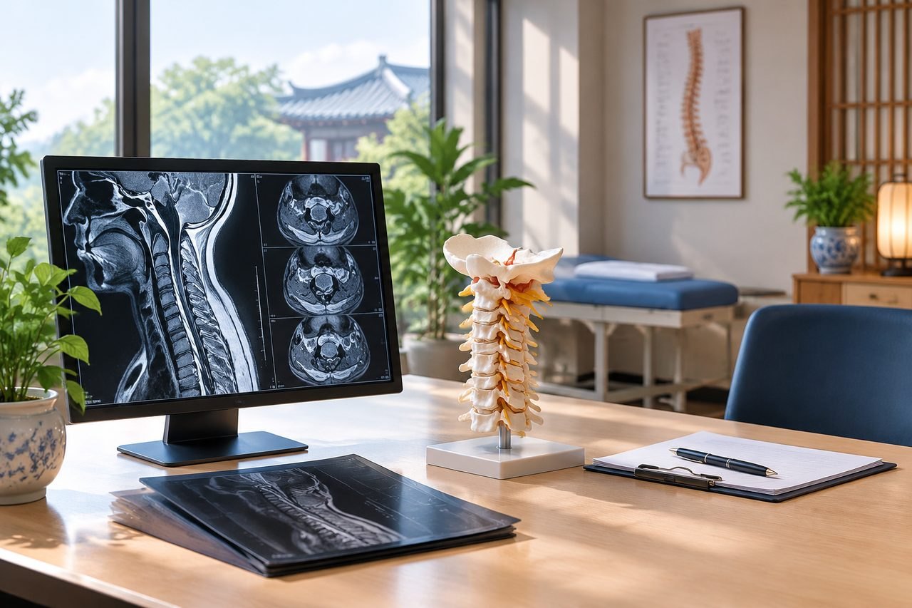 Illustrative image: A medical consultation room featuring an anatomical spine model and MRI images on a monitor.