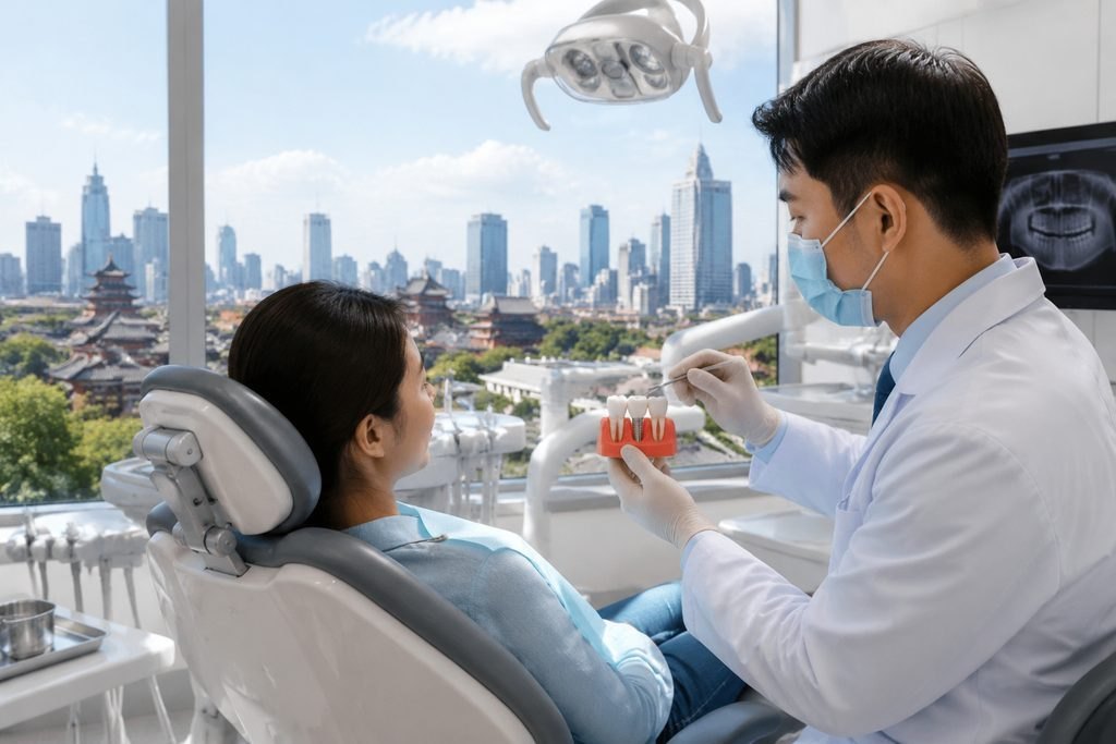 Editorial illustration: All-on-4 Dental Implants in China: Questions About Risks and Alternatives