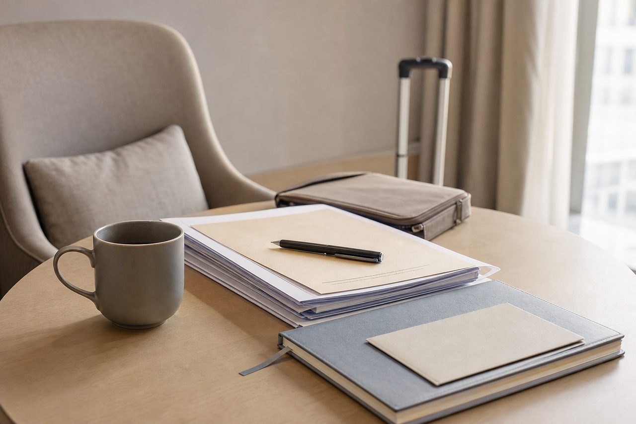 AI illustration: A workspace featuring a cup, papers, and a suitcase, suggesting a travel context.