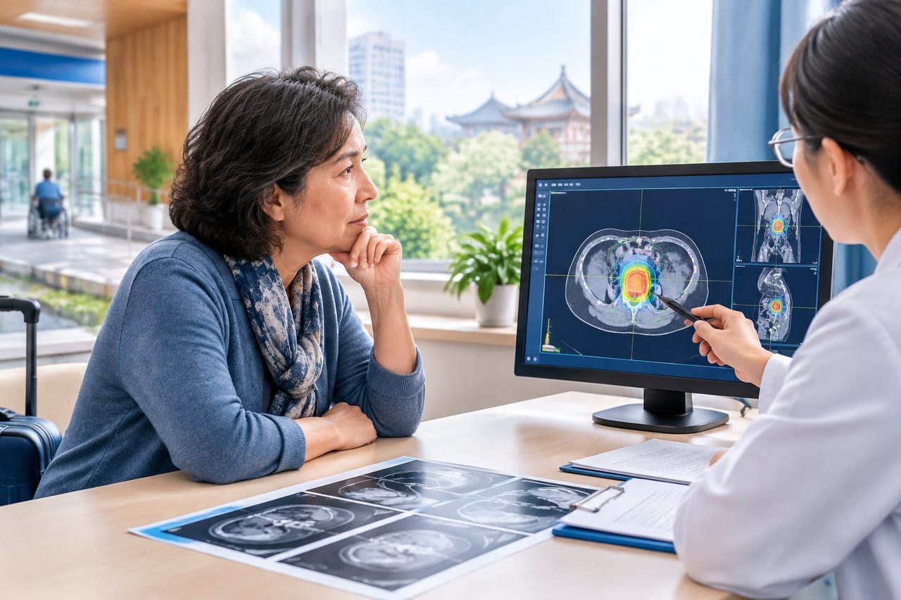 Illustrative image: A doctor discusses medical imaging results with a patient in a clinic room.