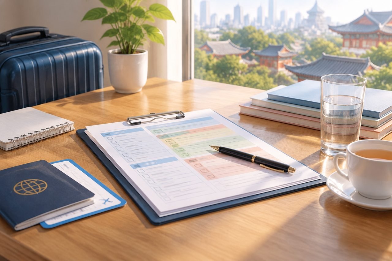 AI illustration: A workspace featuring travel documents, a cup of tea, and a view of a city skyline.
