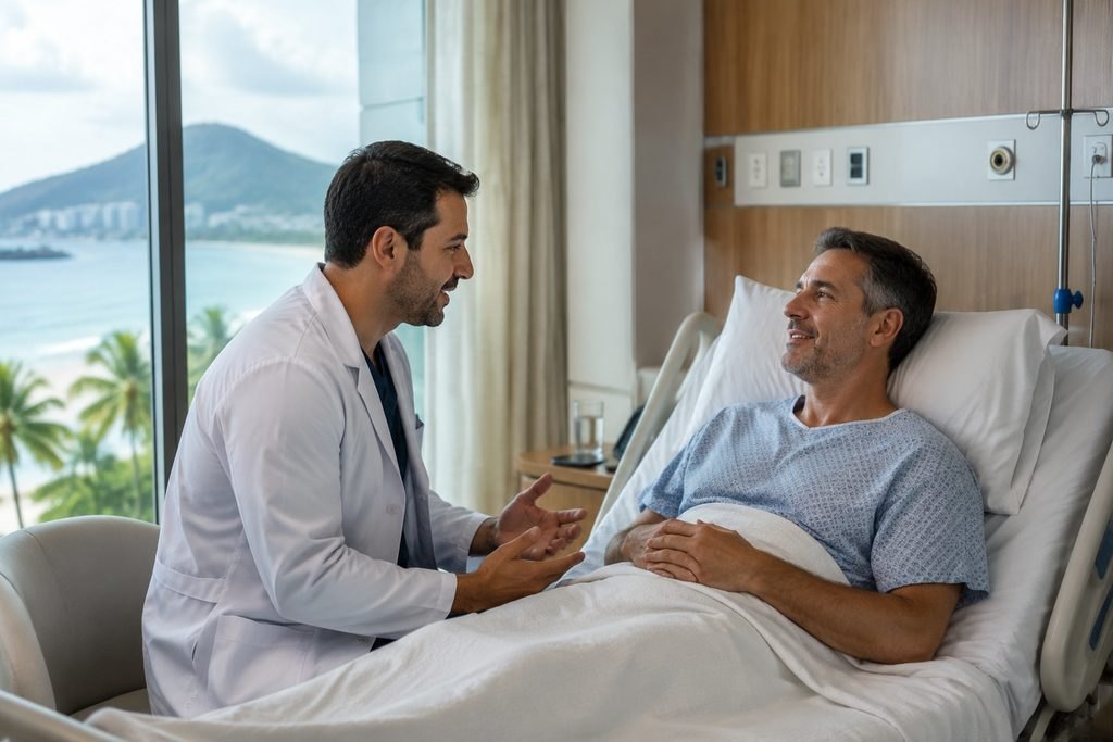 Illustrative image: A doctor discusses with a patient in a hospital room with a scenic view.
