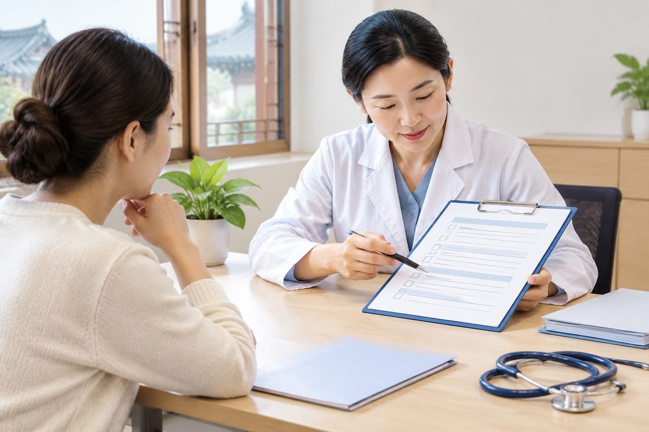 AI illustration: A doctor discusses a checklist with a patient during a consultation.