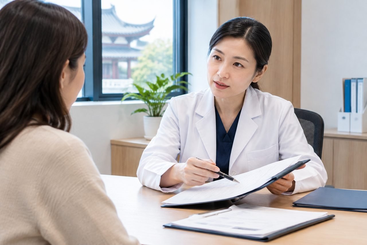 AI illustration: A doctor discusses medical information with a patient in a consultation room.