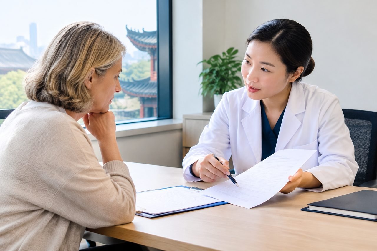 AI illustration: A doctor discusses medical documents with a patient in a consultation room.