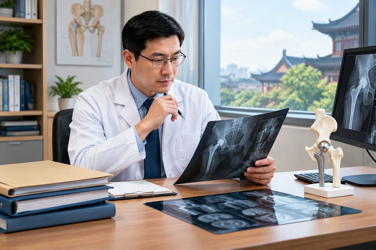 AI illustration: A doctor examines X-ray images of a hip joint in a clinical setting.