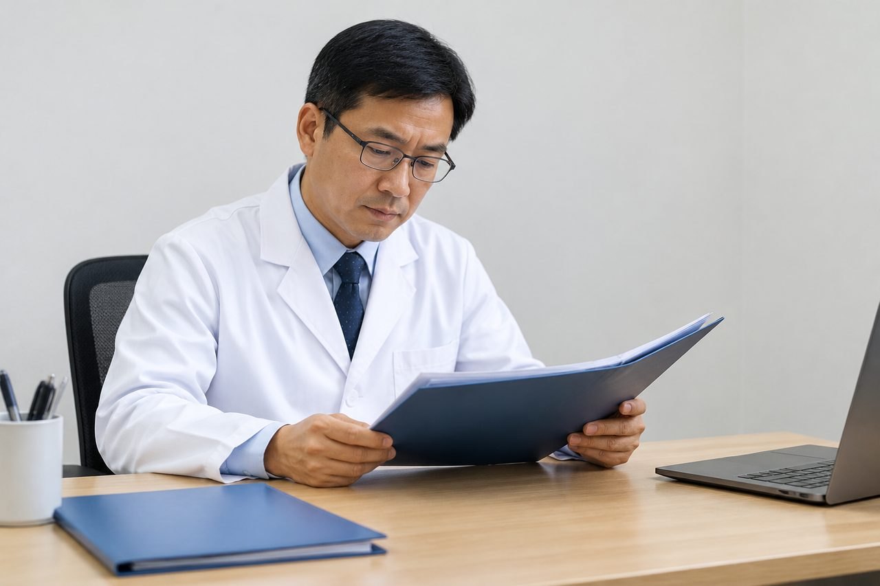 AI illustration: A doctor reviews documents in an office setting.