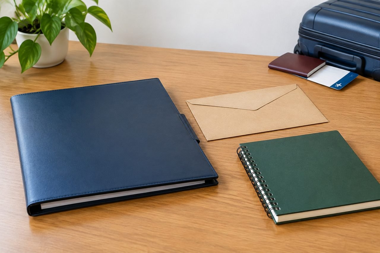 AI illustration: A workspace featuring a blue folder, a green notebook, an envelope, and a suitcase with a passport.
