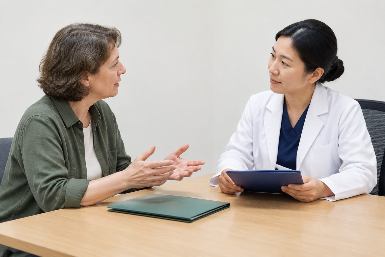 AI illustration: A doctor and patient engage in a consultation at a table, discussing health matters.