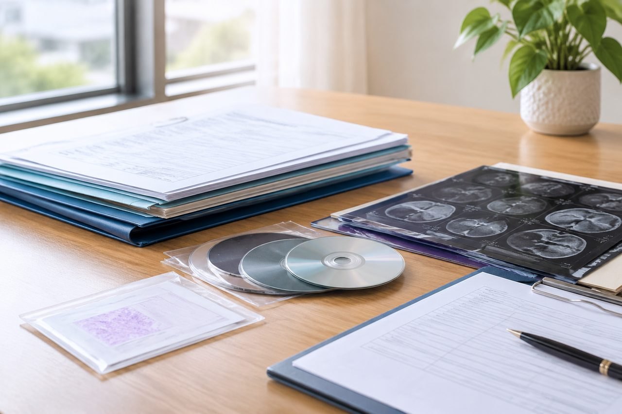 AI illustration: A collection of medical documents, CDs, and imaging results on a wooden table.