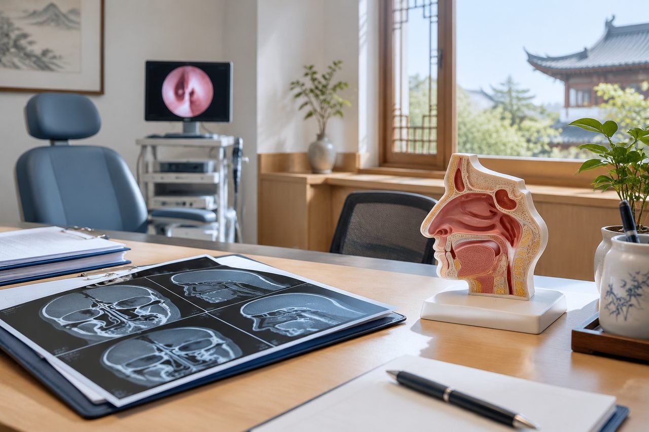 Illustrative image: A medical consultation room featuring anatomical models and medical imaging.