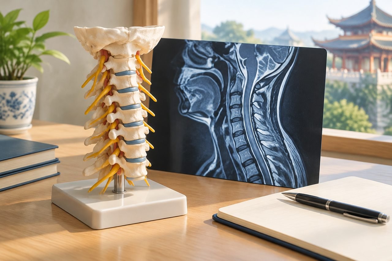 Illustrative image: A spinal model is displayed alongside an MRI image of the cervical spine in a well-lit room.