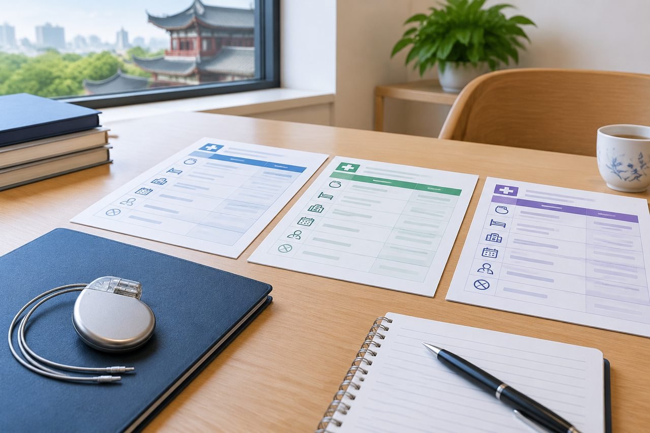 AI illustration: A medical consultation workspace featuring documents, a notebook, and a medical device.