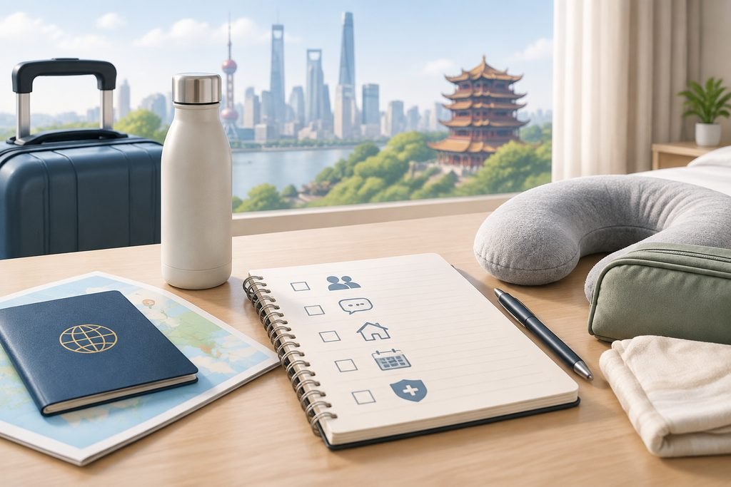 AI illustration: Travel-support checklist, neck pillow, water bottle and luggage