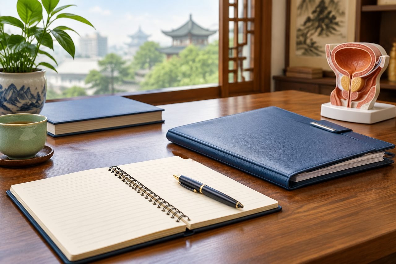 AI illustration: A desk setup featuring a plant, notebooks, a pen, and an anatomical model of the male reproductive system.