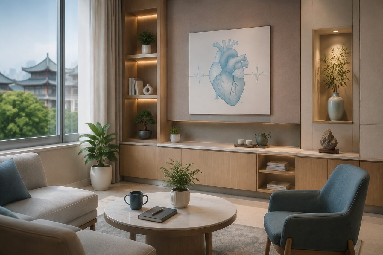 AI illustration: A modern living space featuring a heart illustration and decorative plants.