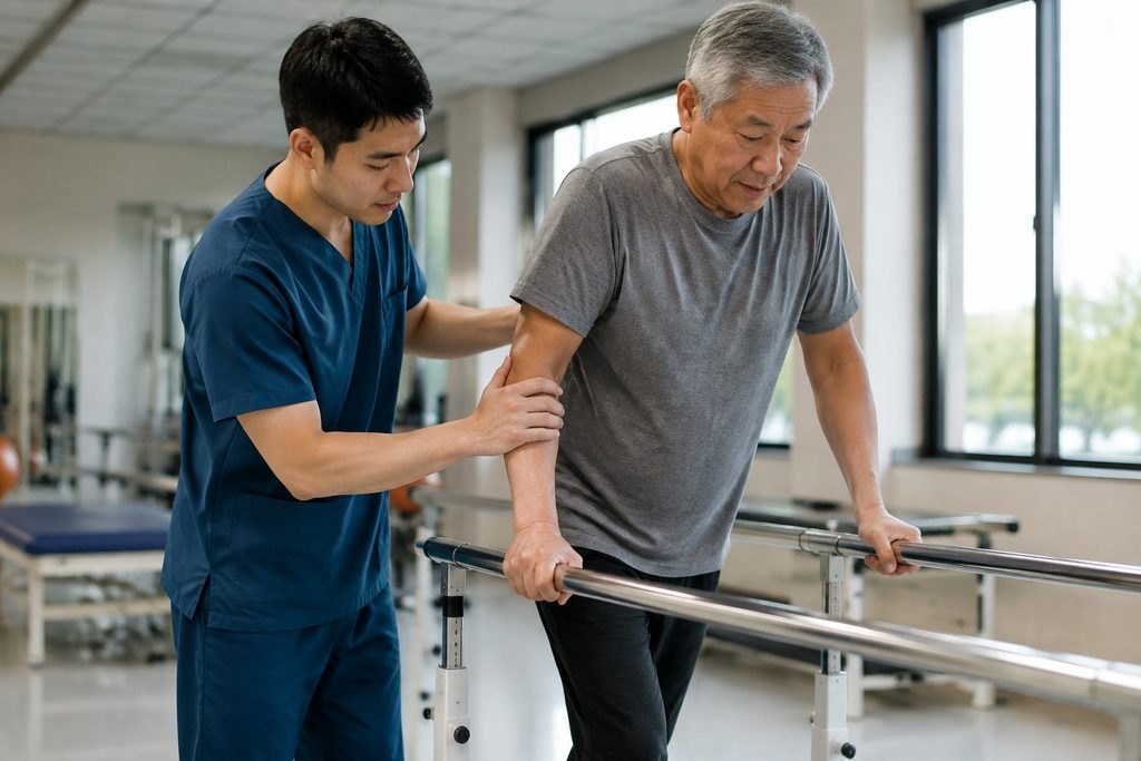 Illustrative image: A physical therapist assists an elderly patient during rehabilitation exercises in a clinic setting.