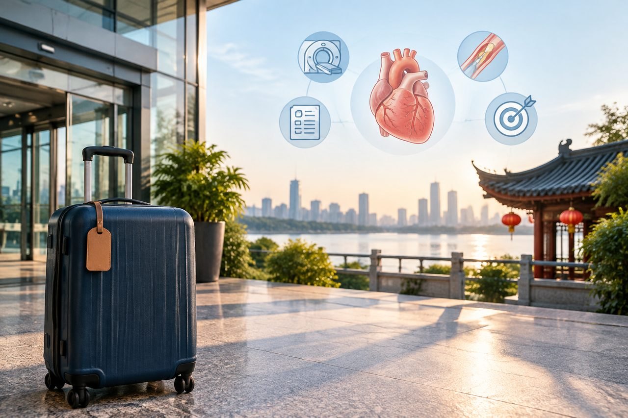 AI illustration: A suitcase is positioned in front of a scenic view, with medical imagery of a heart displayed above.