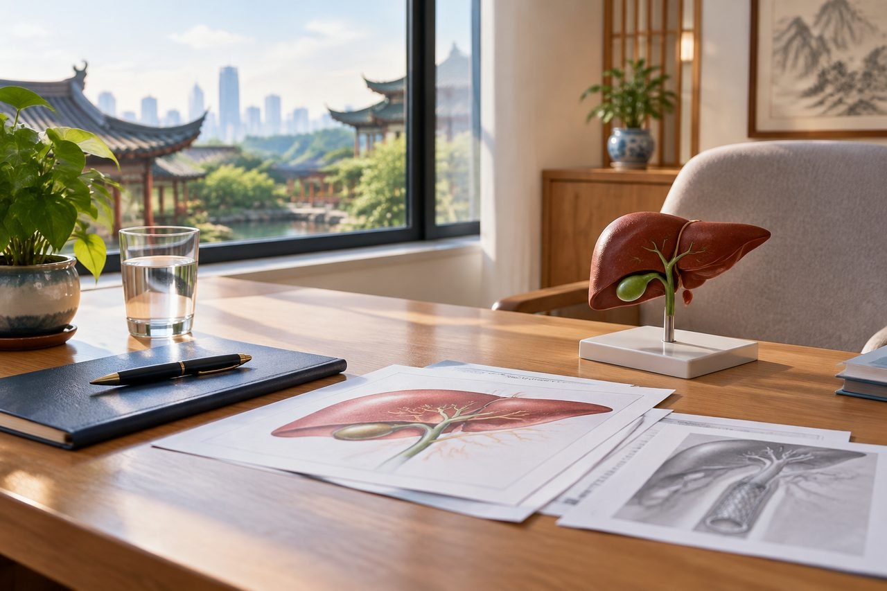 Illustrative image: A medical consultation room featuring a liver anatomical model and educational materials on a desk with a city skyline view.