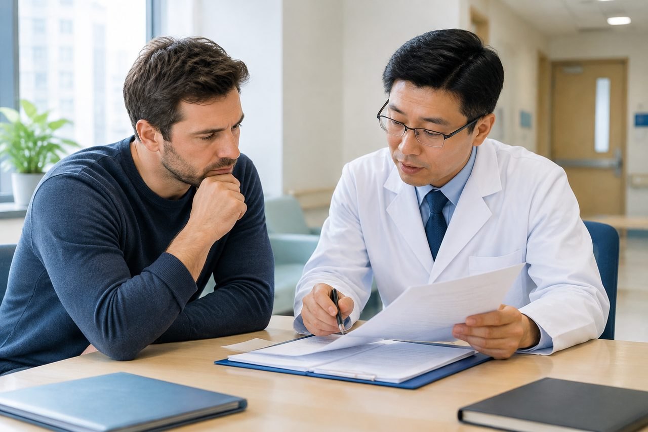 AI illustration: A doctor discusses medical documents with a patient in a consultation room.