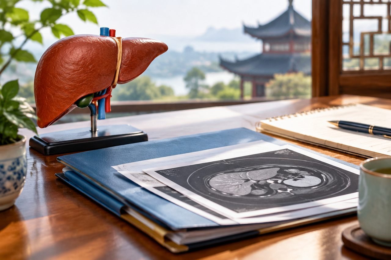 Illustrative image: A model of a liver is displayed alongside medical imaging and a notebook in a serene setting.
