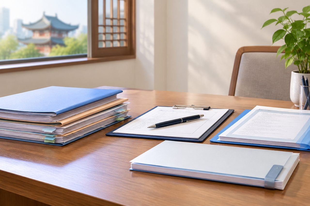 AI illustration: A desk with organized files, a pen, and a plant, set against a window view.
