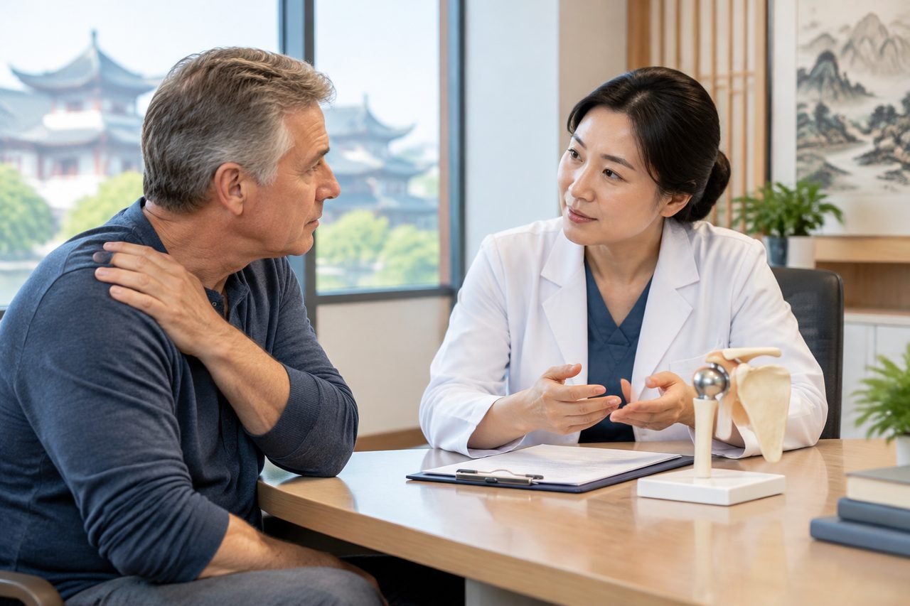 Illustrative image: A doctor discusses a patient's condition in a consultation room, using an anatomical model for reference.
