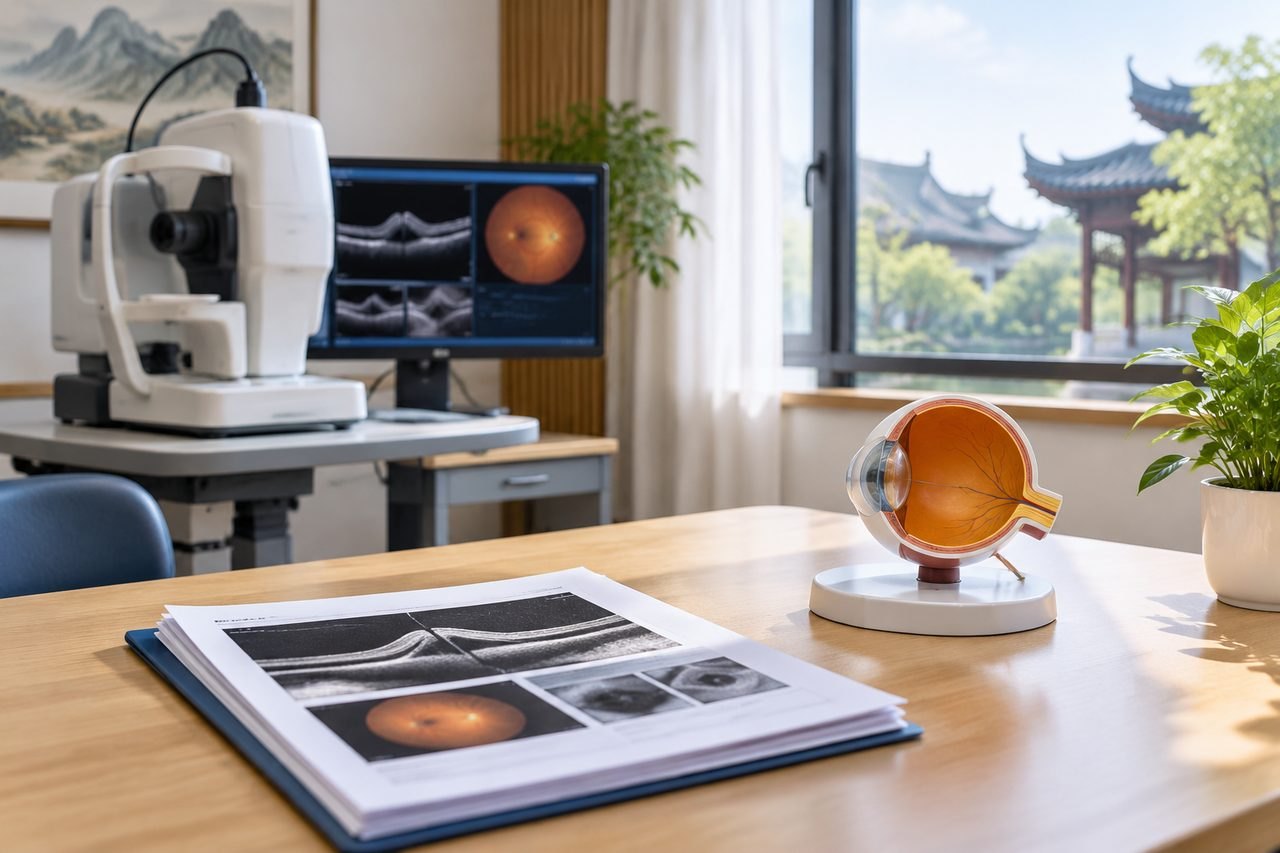 Illustrative image: An ophthalmology consultation room featuring an eye model, medical imaging equipment, and printed materials.