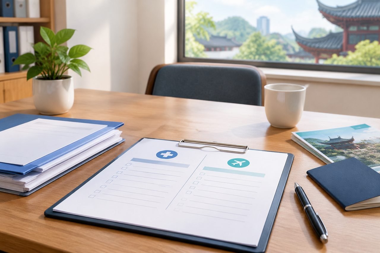 AI illustration: A workspace featuring medical and travel checklists, a plant, and a view of traditional architecture outside.