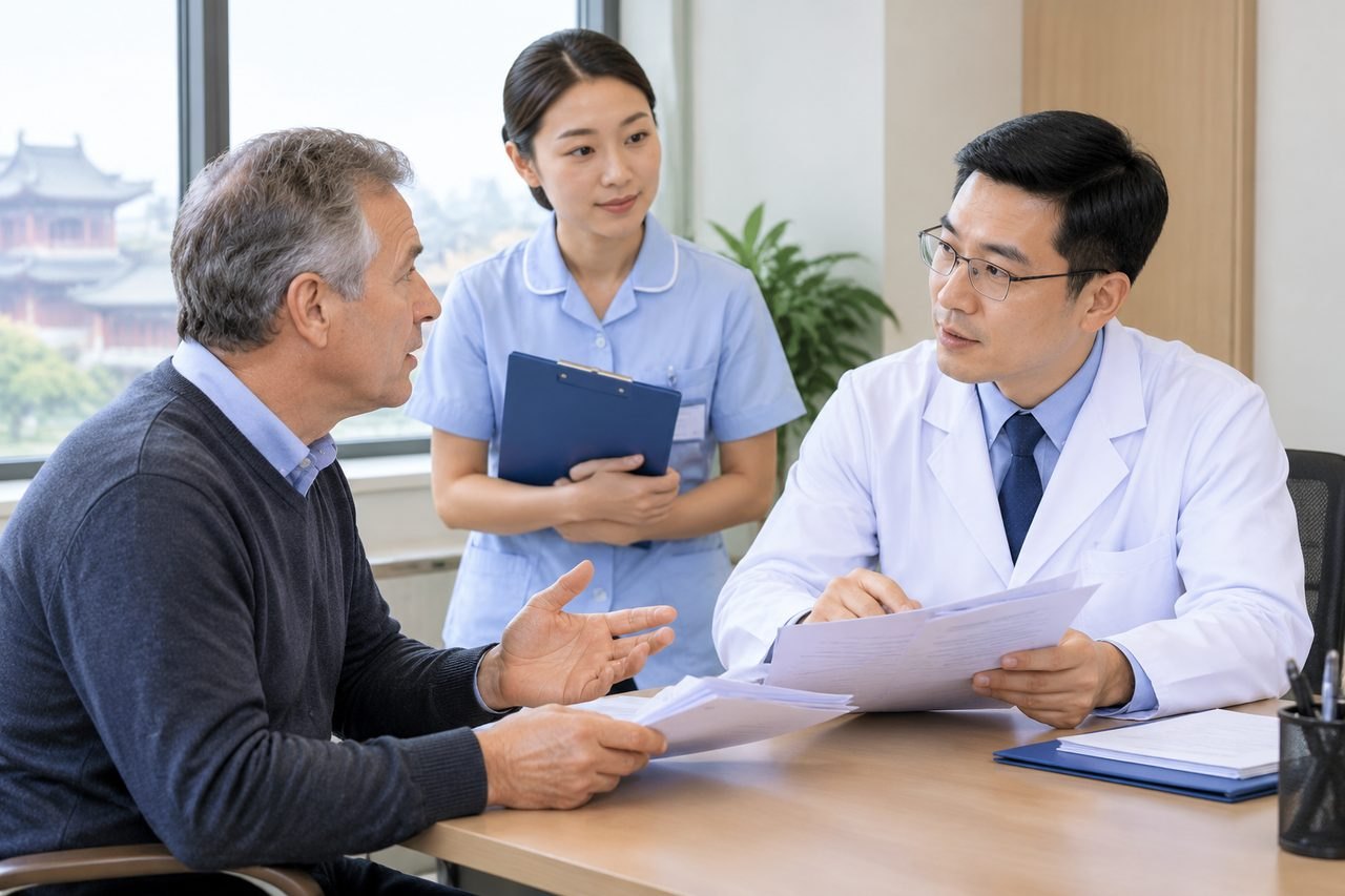 AI illustration: A doctor discusses medical documents with a patient while a nurse observes in a consultation room.
