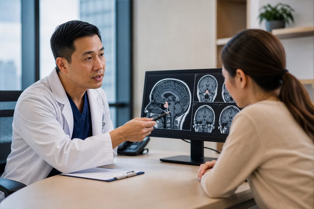 Illustrative image: A doctor discusses MRI scans with a patient in a consultation room.