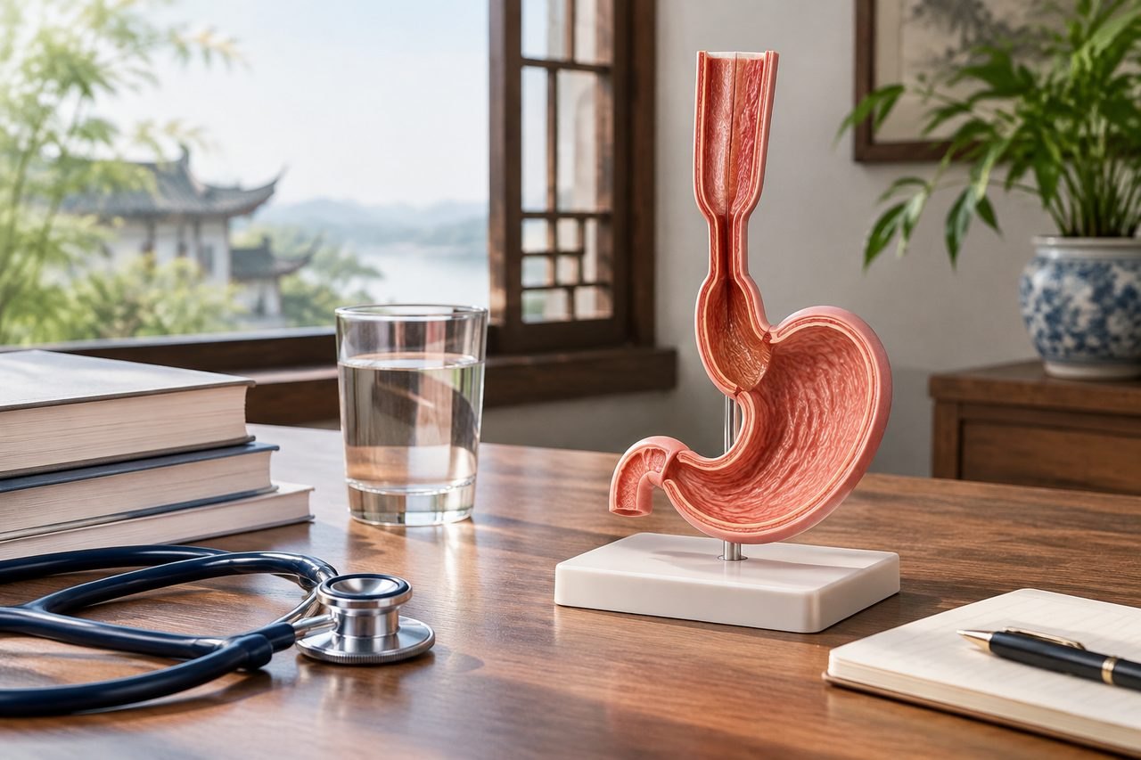 Illustrative image: A detailed anatomical model of the stomach is displayed on a wooden table with medical tools and books in a well-lit room.