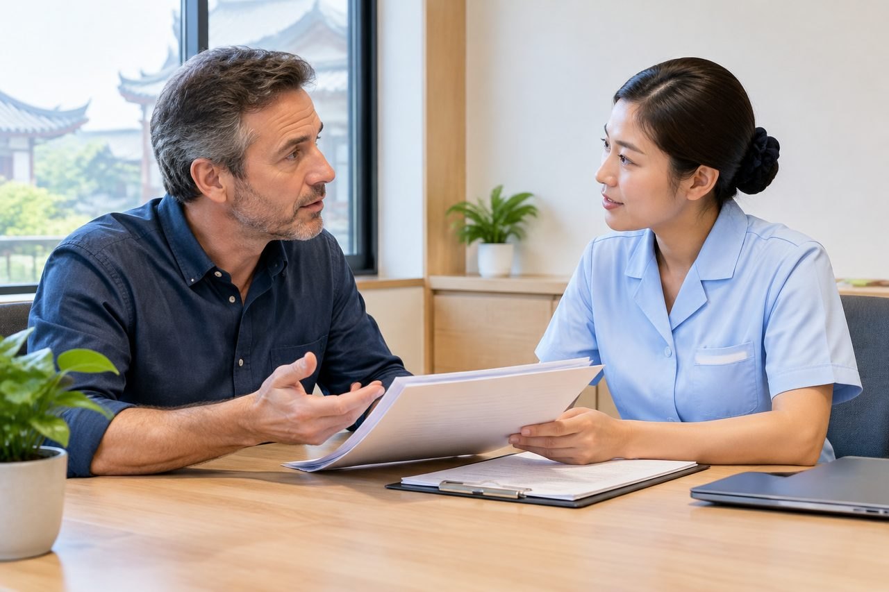 AI illustration: A consultation between a medical professional and a patient discussing documents in a clinic setting.