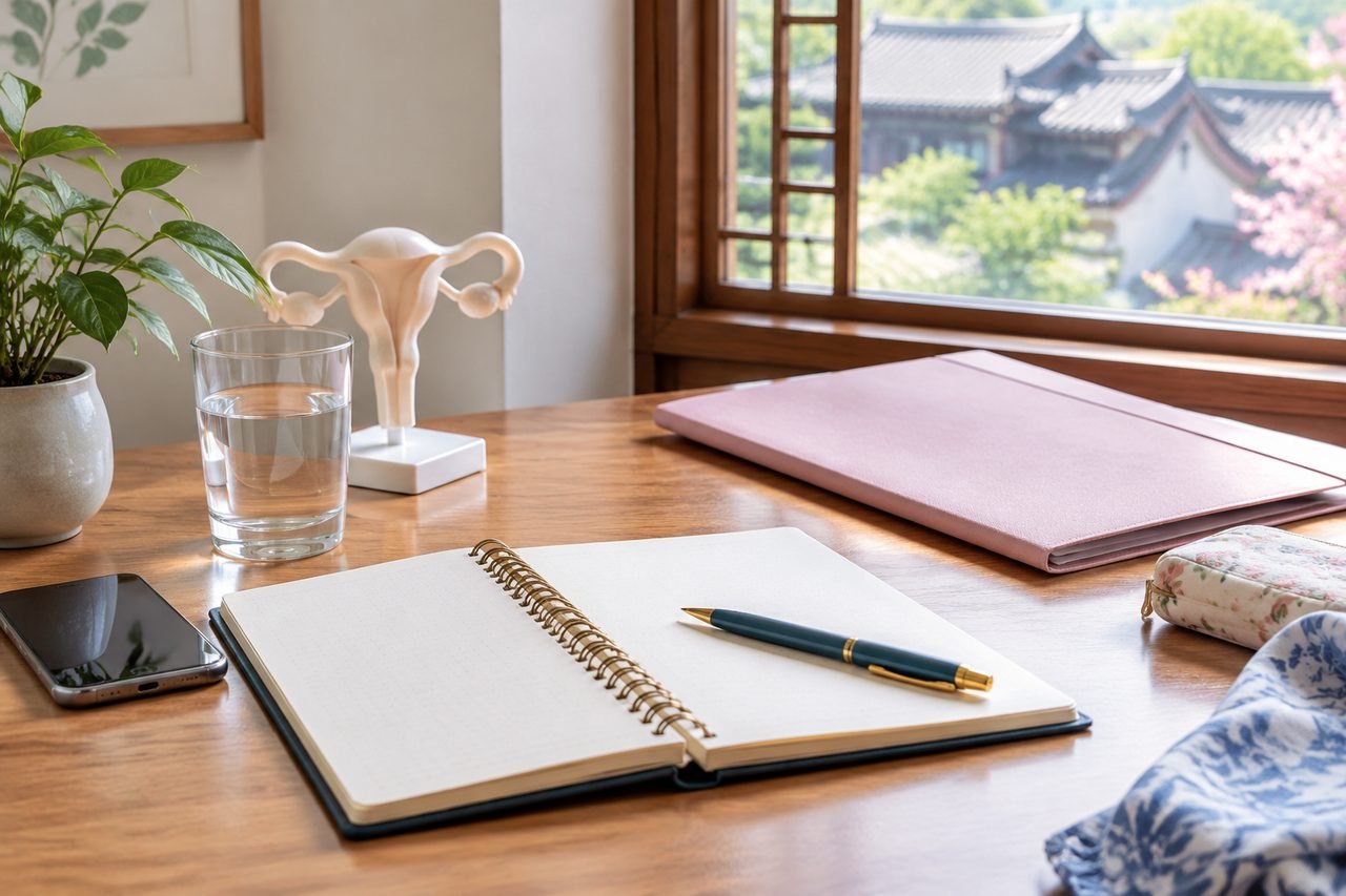 AI illustration: A workspace featuring a model of the female reproductive system, a notebook, and a glass of water.