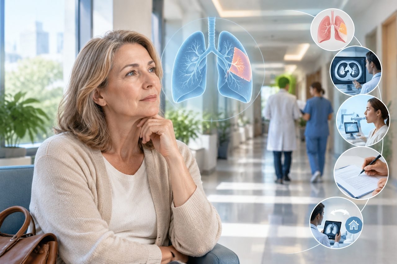 Illustrative image: A woman reflects in a hospital corridor while medical professionals discuss patient care.