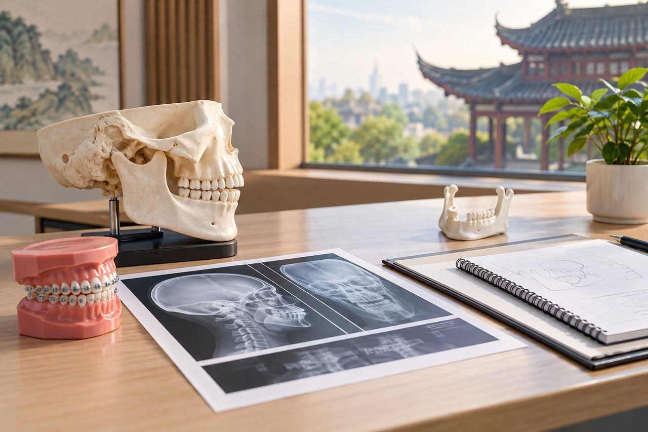 Illustrative image: A dental consultation space featuring anatomical models and X-ray images.