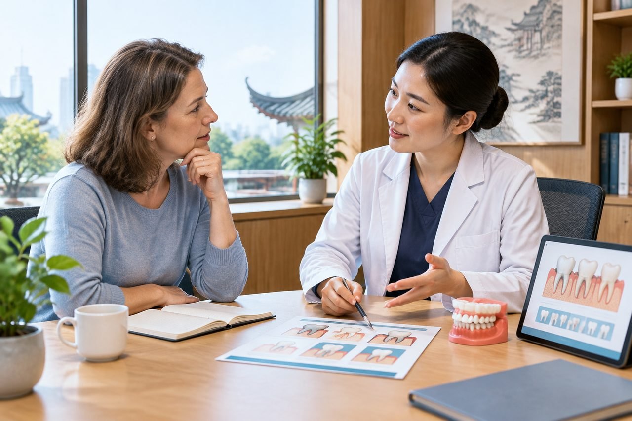 Illustrative image: A dental consultation taking place between a patient and a dentist, discussing dental health using visual aids.