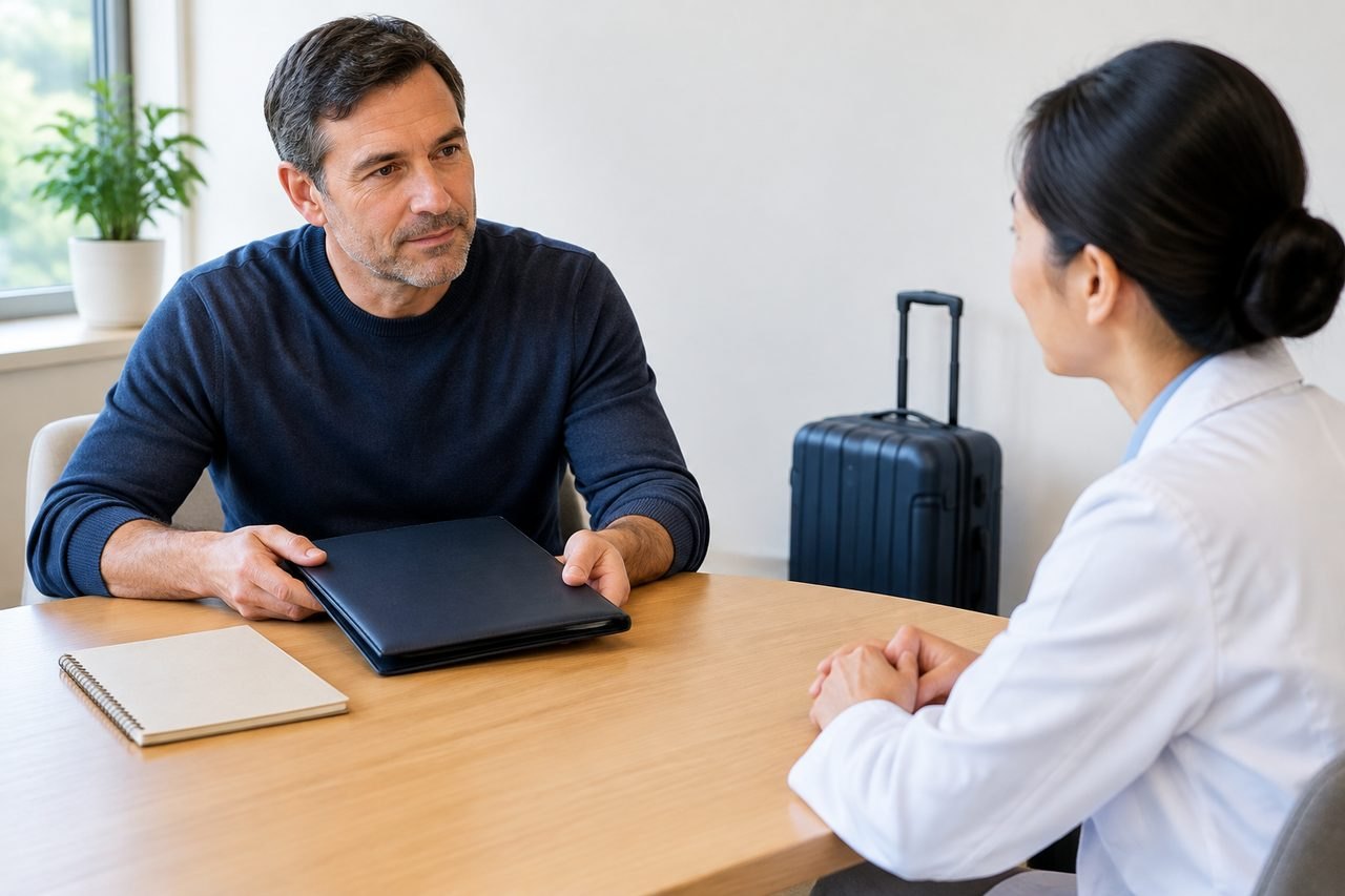 AI illustration: A patient discusses with a medical professional in a consultation room, with a suitcase visible in the background.