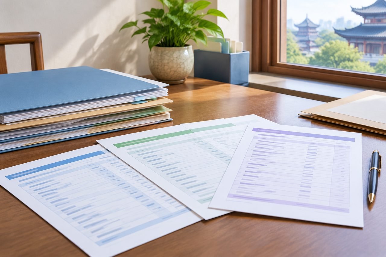 AI illustration: A workspace featuring organized documents, a plant, and a view of a traditional building outside the window.