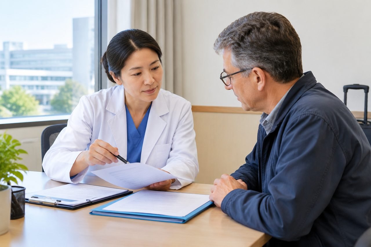 AI illustration: A doctor discusses medical documents with a patient in a consultation room.