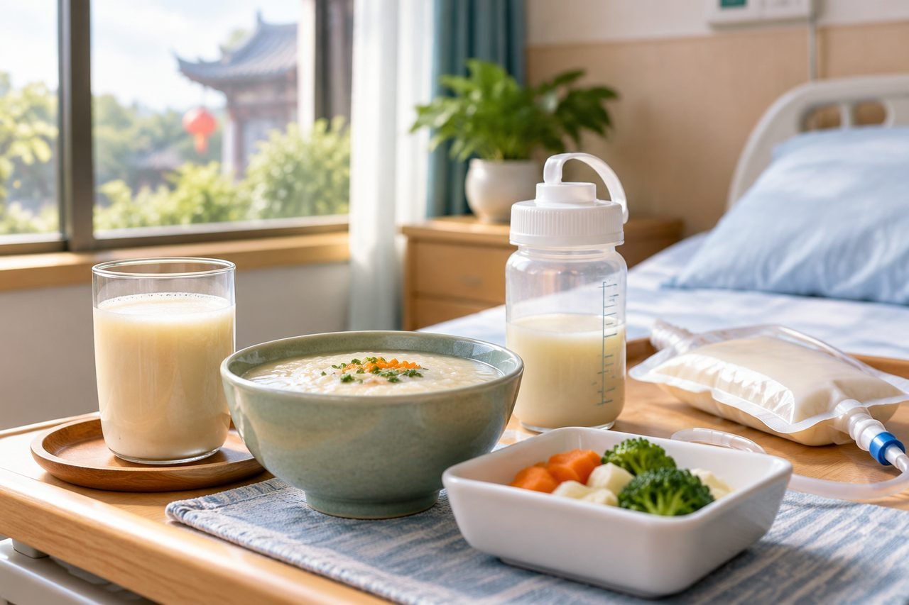 Illustrative image: A hospital meal setup featuring a bowl of porridge, vegetables, and drinks on a bedside table.