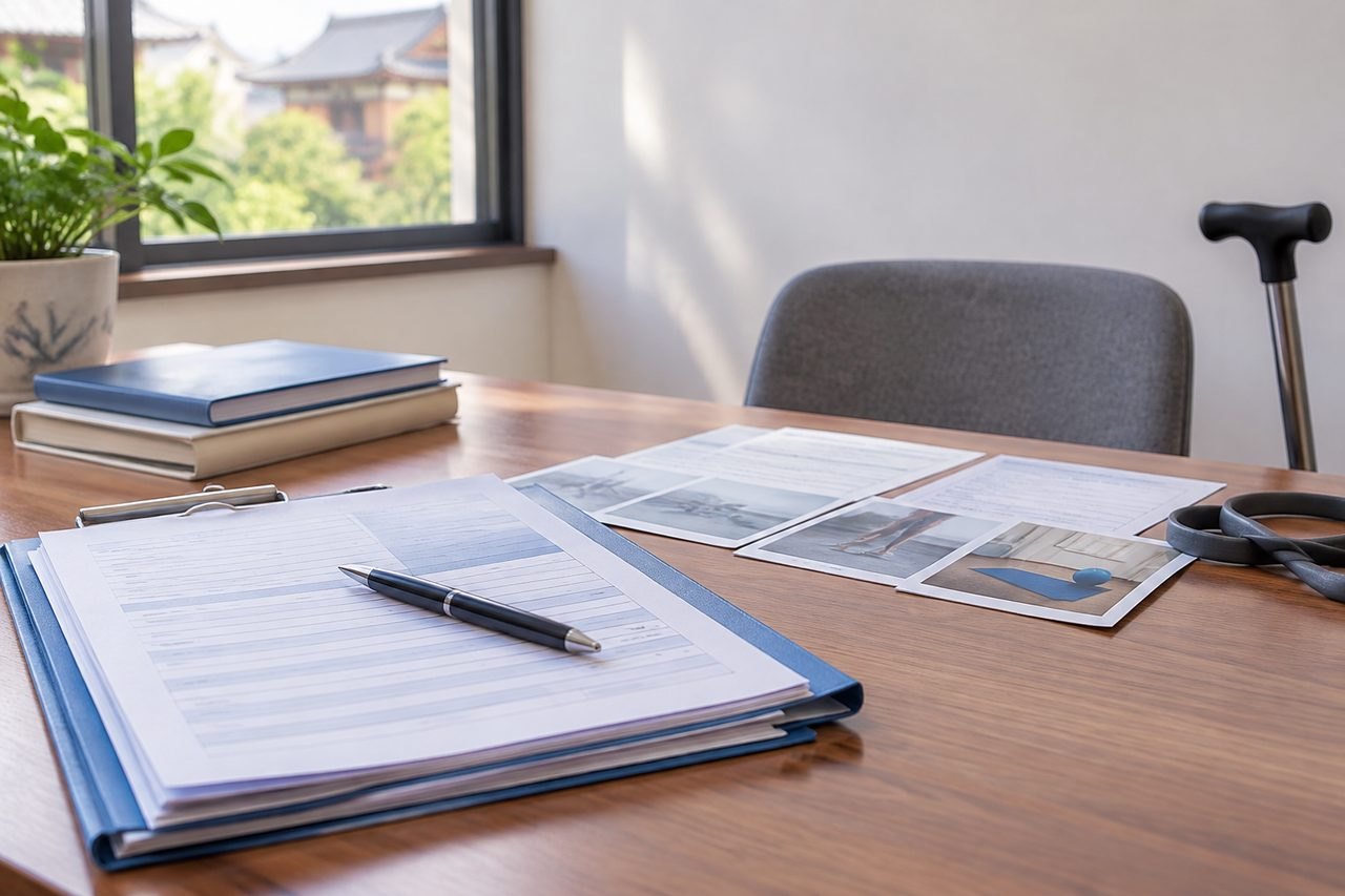 AI illustration: A medical consultation desk with documents, a pen, and a cane in a well-lit room.