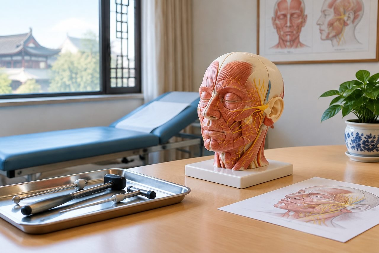 Illustrative image: A detailed anatomical model of a human head is displayed in a clinical setting with medical tools and a drawing.