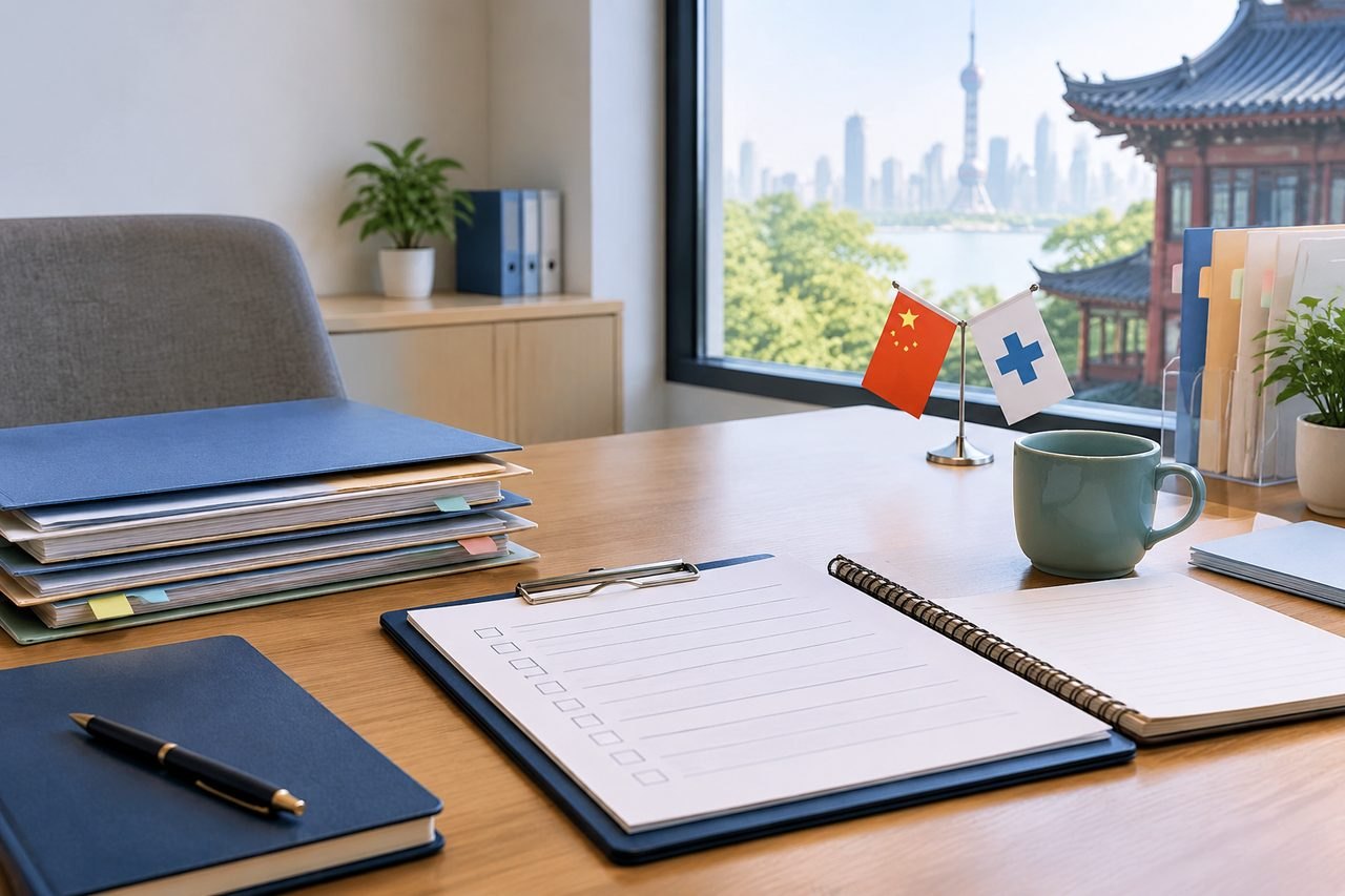 AI illustration: A medical office desk with flags, notebooks, and a view of a city skyline.