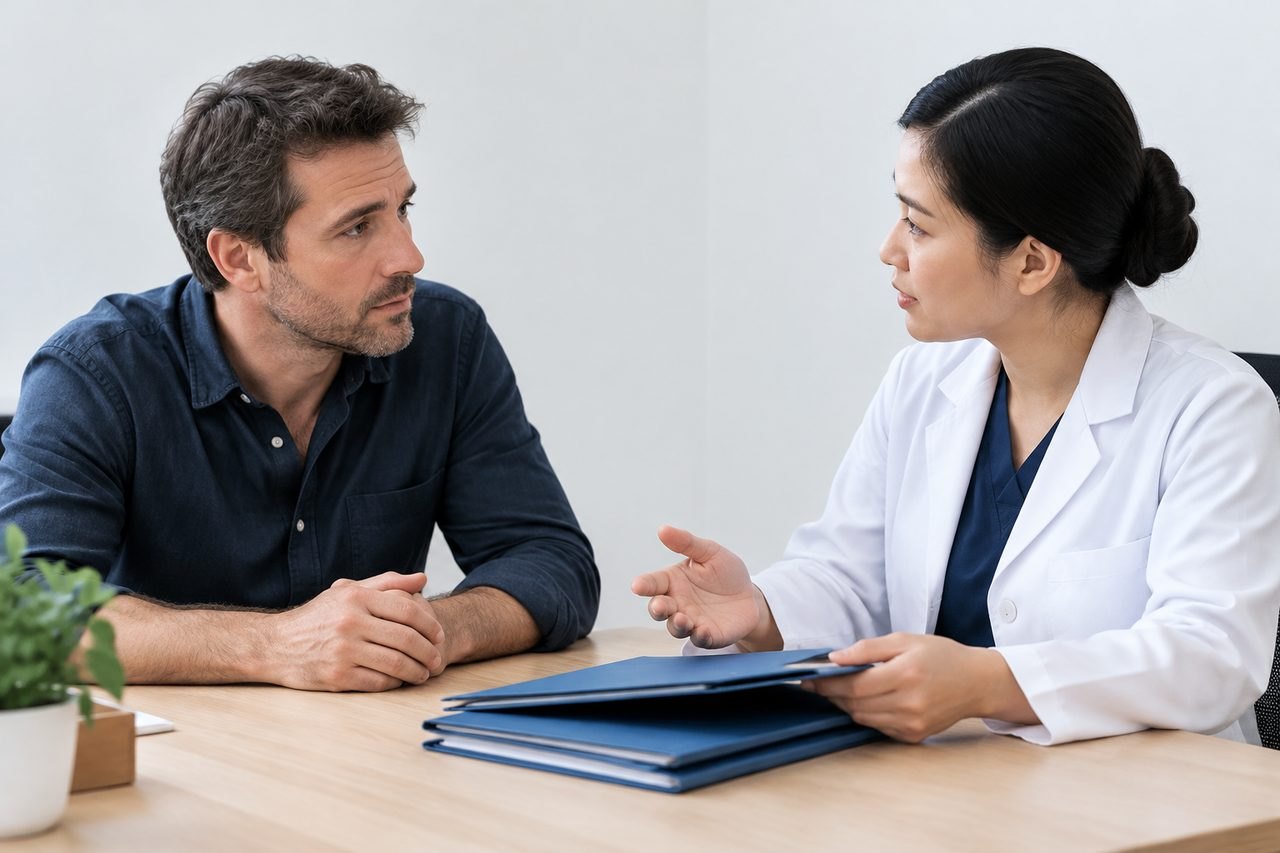 AI illustration: A doctor discusses medical information with a patient in a consultation room.