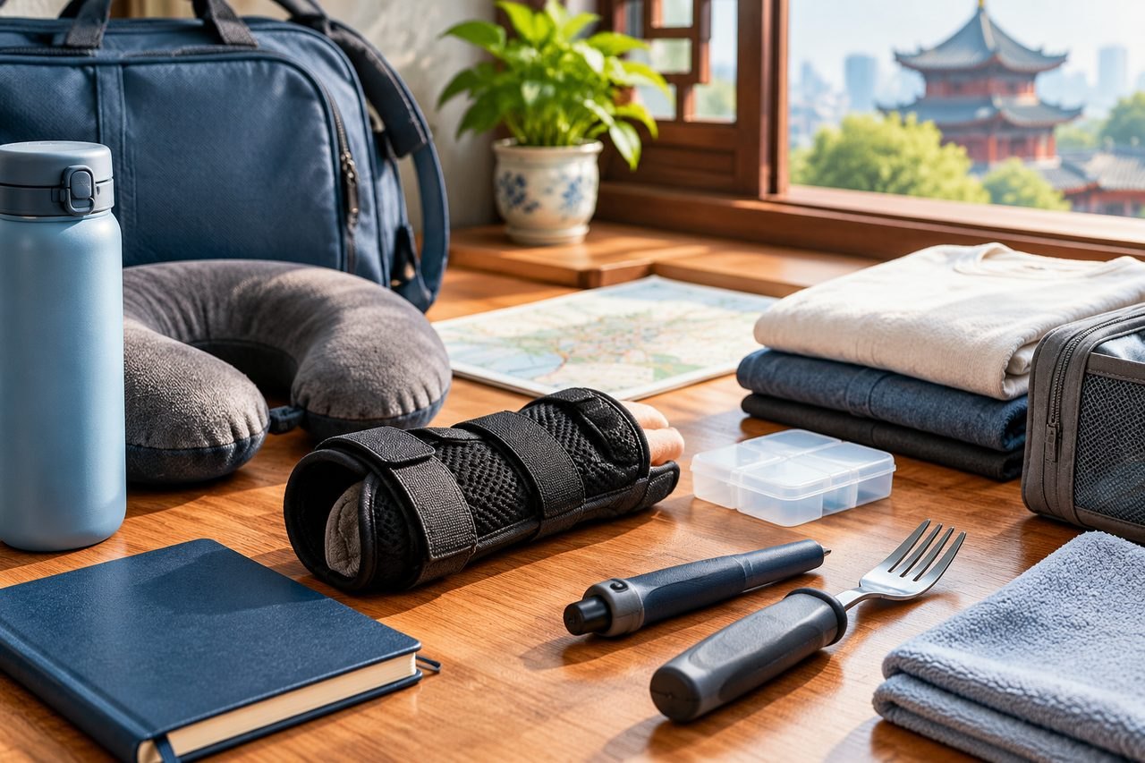 Illustrative image: A travel still life featuring various travel essentials on a wooden table.