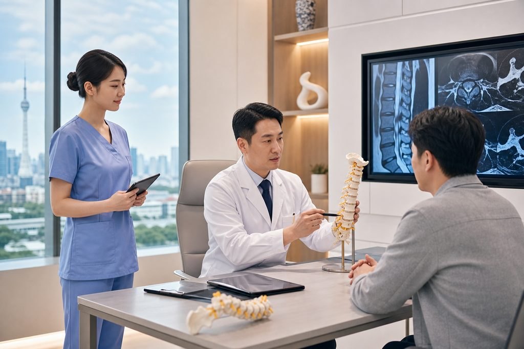 Illustrative image: A doctor discusses spinal health with a patient using a model in a modern clinic setting.