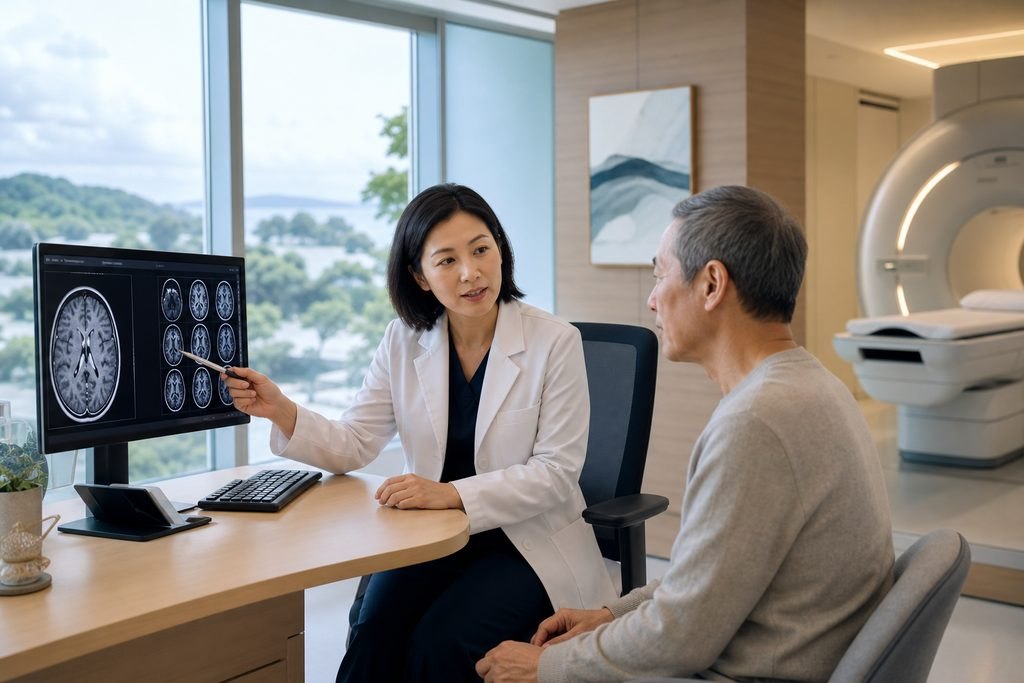 Illustrative image: A doctor discusses MRI results with a patient in a modern medical consultation room.