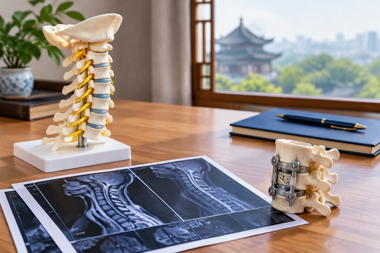 Illustrative image: A detailed view of a spinal model and X-ray images on a wooden table with a city skyline in the background.